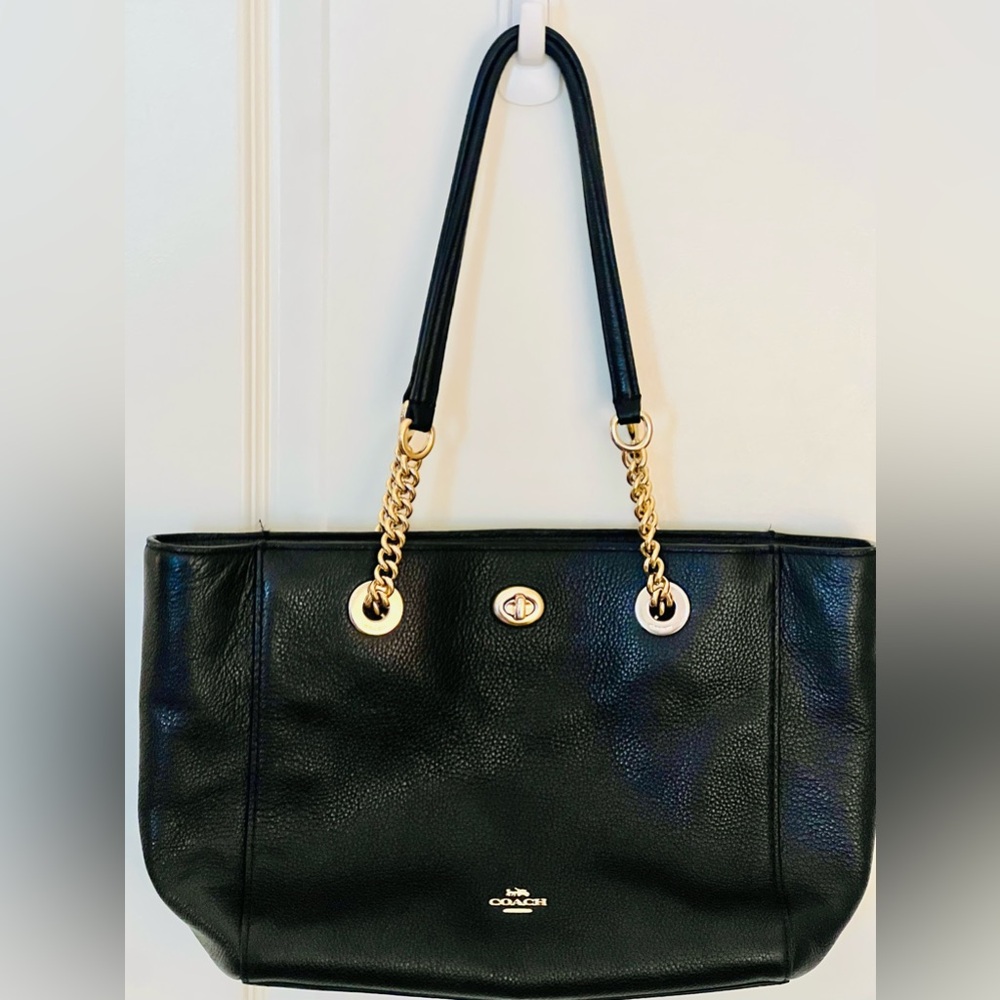 Coach Black Leather Tote with Gold Accents - Picture 4 of 11